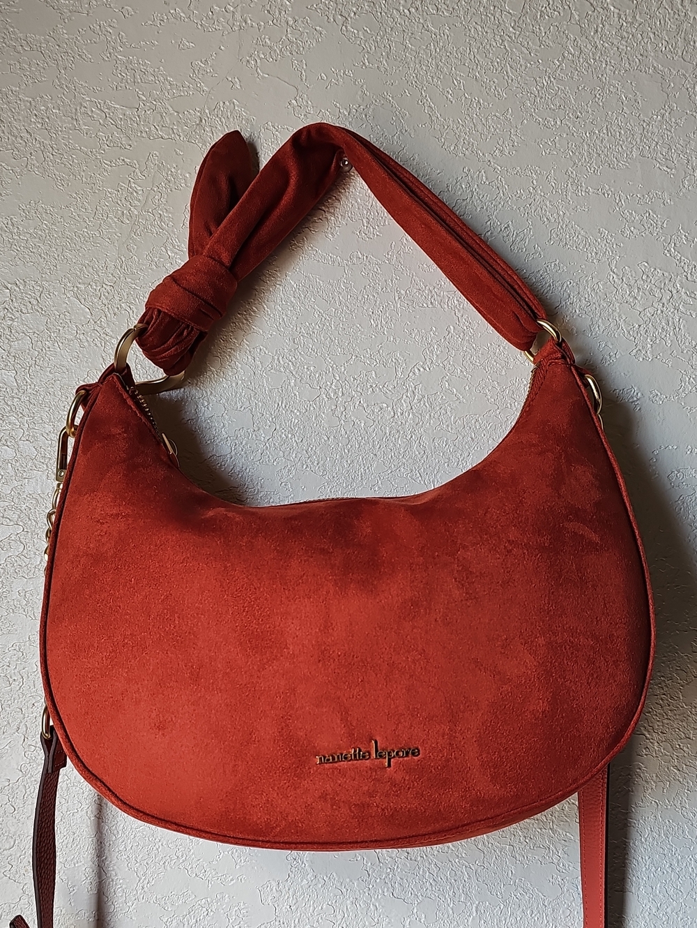 Faux Suede Crescent Shoulder Bag in Rust
